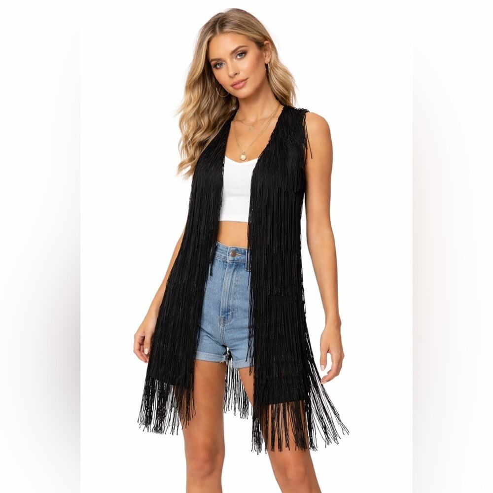 Ella Moss Size S Black Fringe Vest Top Y2K Boho eclectic Emo WhimsyGoth Festival